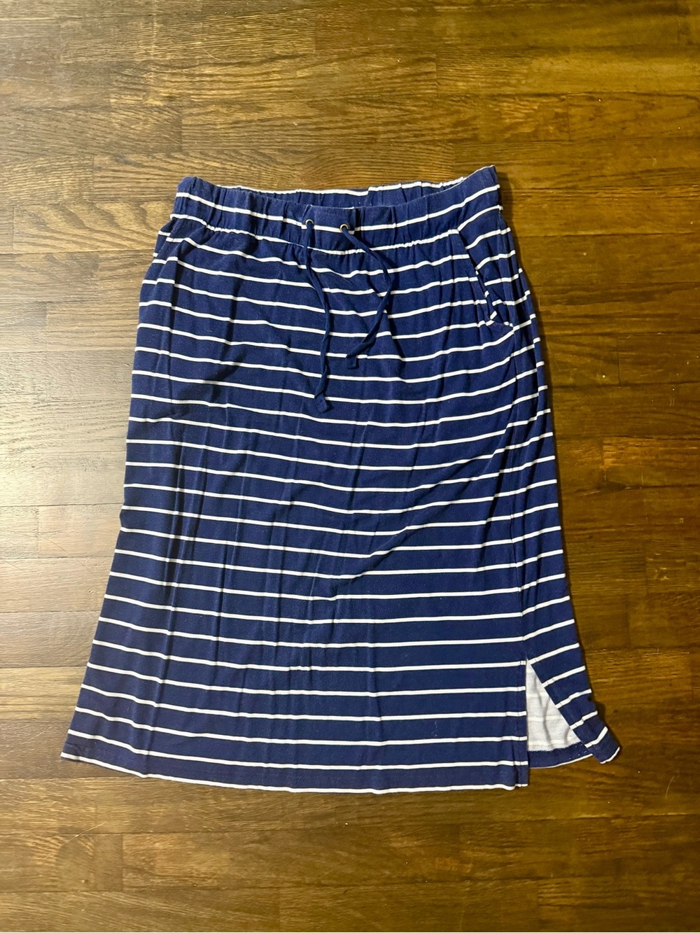 Striped Comfy Stretchy Navy Drawstring Midi Skirt - Women